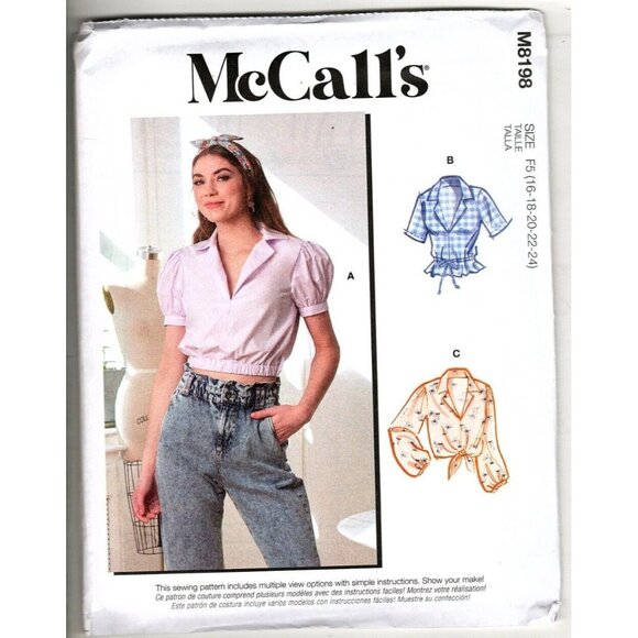 McCall's M8198 Misses 16 to 24 Crop Tops Uncut Sewing Pattern New - Picture 1 of 5